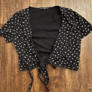 Brandy Melville Navy Blue Flower Tie Front Crossover Top